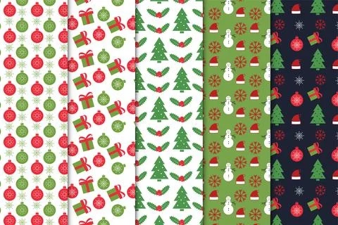 Abstract Christmas pattern bundle with green, white and dark backgrounds. C.. Illustrazione stock