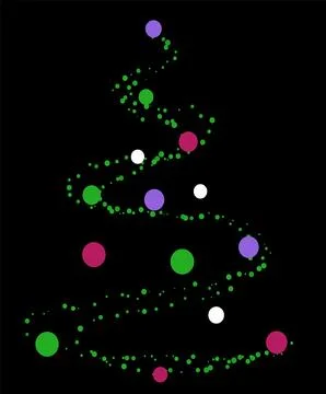 Abstract Christmas tree composed of spiraling green dots with colorful ornaments Stock Illustration