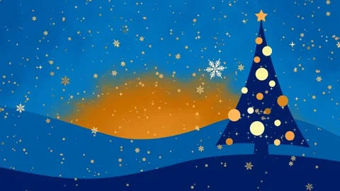 Abstract Christmas tree with glowing ornaments as golden snowflakes fall slowly Stock Footage 346665940