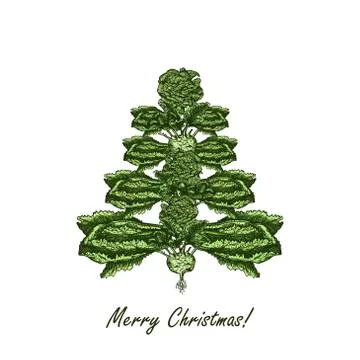Abstract Christmas tree made of cabbage. Vegetarian Christmas tree. Hand drawn Stock Illustration