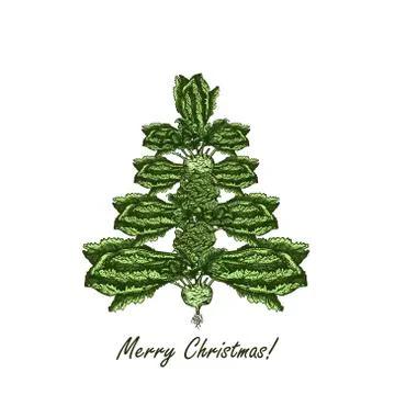 Abstract Christmas tree made of cabbage. Vegetarian Christmas tree. Hand drawn Illustrazione stock