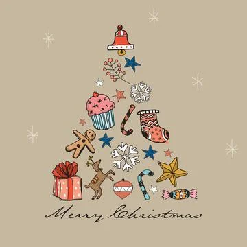 Abstract Christmas tree made from elements hand drawn childish style on bro.. Stock Illustration