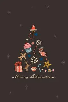 Abstract Christmas tree made from elements hand drawn childish style on bro.. Stock Illustration