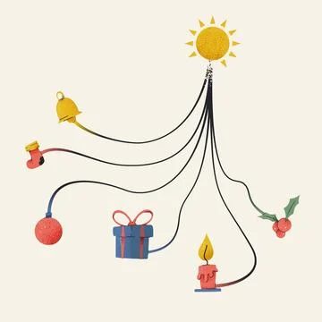 Abstract Christmas Tree with Sun and Curved Ornament Lines Stock Illustration