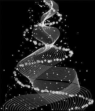 Abstract Christmas tree with swooping lines and circular decorations on a black Stock Illustration