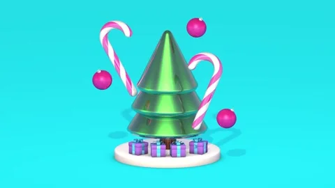 Abstract  Christmas tree, two candy canes, lilac gift boxes under the tree. Stock Footage 254811447