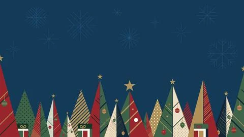 Abstract Christmas trees geometric forms modern retro style with night sky .. Ilustración de archivo