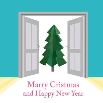 Abstract christmas vector background with doors and new year tree Stock Illustration
