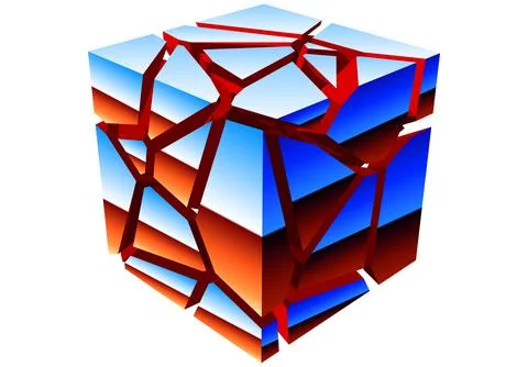 Abstract chrome cube with 80s styled reflection. Exploded 80s chrome cube, with Stock Illustration