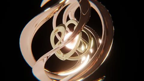 Abstract chrome shape background. Golden moprhing shapes and glowing sphere Stock Illustration