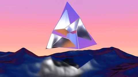 Abstract chrome shape over blue landscape in vaporwave sunset. Background with Stock Illustration