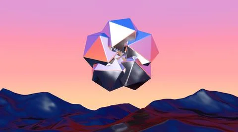 Abstract chrome shape over blue landscape in vaporwave sunset. Background with Stock Illustration