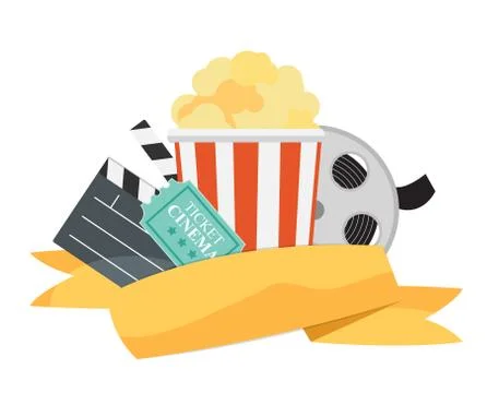 Abstract Cinema Flat Background with Reel, Old Style Ticket, Big Stock Illustration