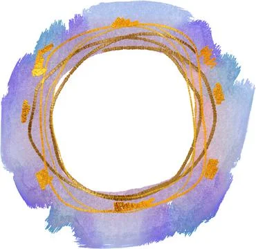 Abstract circle frame gold hand drawn halo border, watercolor purple blue b.. Stock Illustration