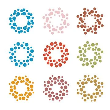Abstract circle logotype set. Unusual dotted round isolated chem logo collection Stock Illustration