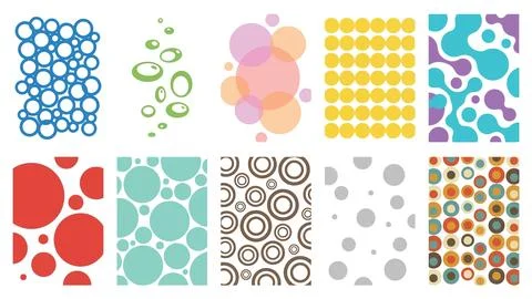 Abstract circle pattern collection with colorful geometric shapes and bubbl.. Illustrazione stock