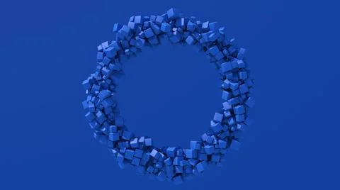 Abstract circle shape with blue cubes. Blue background. 3d render. Illustrazione stock