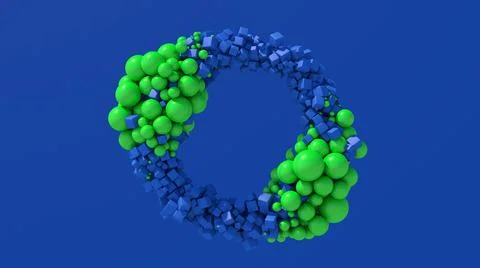 Abstract circle shape. Blue cubes and green balls. Blue background. 3d render Stock Illustration