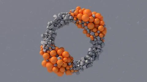 Abstract circle shape. Gray cubes and orange balls. 3d render. Stock Illustration