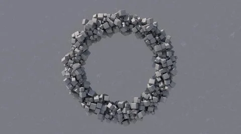 Abstract circle shape with gray cubes. Gray textured background. 3d render. Illustrazione stock