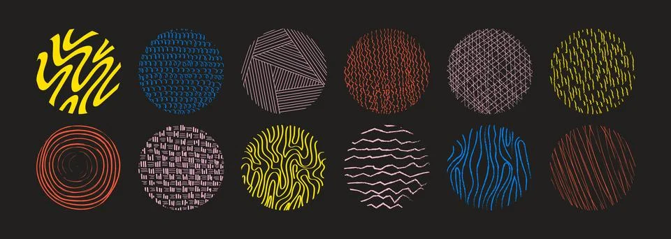 Abstract circle shapes with loop, drops, spots, curves, lines and waves in tr Stock Illustration