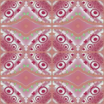 Abstract circles and diamond pattern in squares red pink white terracot Stock Illustration