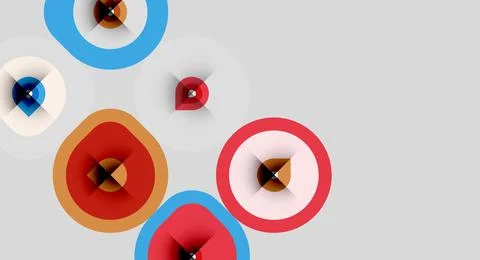 Abstract circles overlap, creating colorful patterns. Various shades present Ilustración de archivo