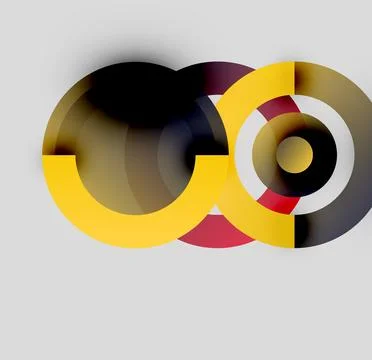Abstract circles overlap, creating complex shapes. Colors include yellow, black, Illustrazione stock