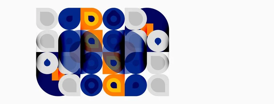 Abstract circles overlap, creating complex pattern. Blue, orange, gray tones イラスト素材