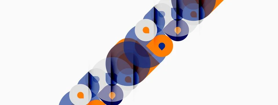 Abstract circles overlap, creating diagonal pattern. Blue, orange hues domina Illustrazione stock