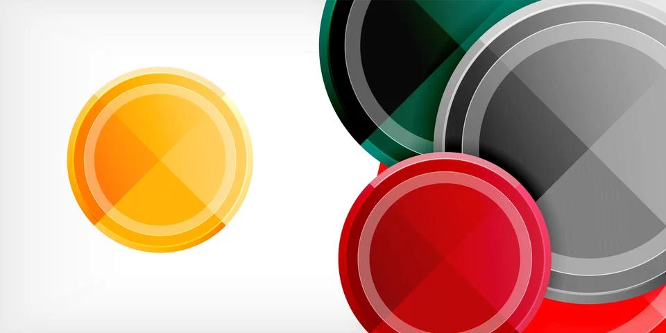 Abstract circles overlap, creating dynamic visual effect. Yellow, red, green, Stock Illustration