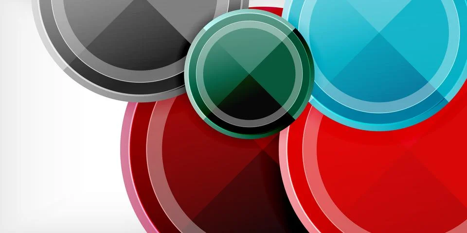 Abstract circles overlap, creating dynamic composition. Colors include red, Stock Illustration