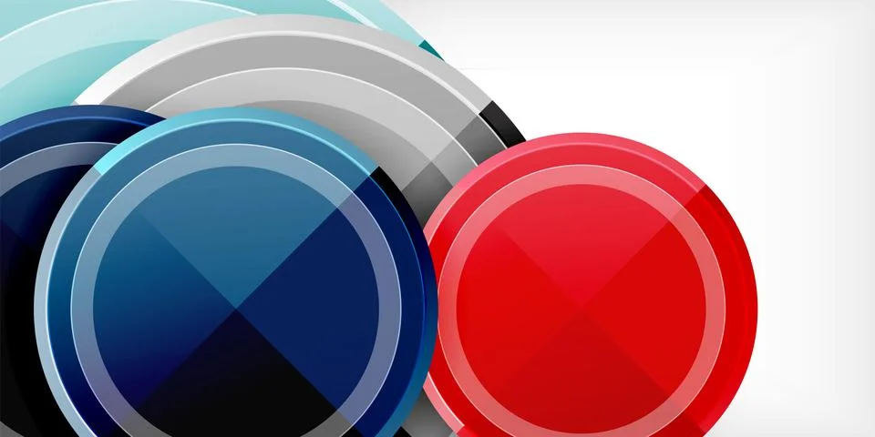 Abstract circles overlap, creating dynamic composition. Blue, red, gray tones Stock Illustration