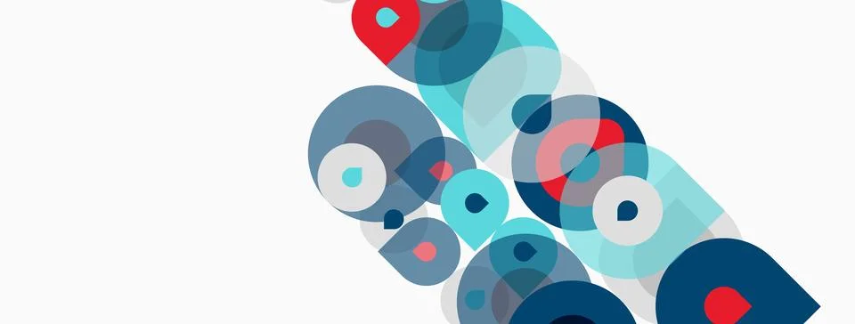Abstract circles overlap, creating dynamic visual pattern. Teal, red, gray hu 스톡 일러스트