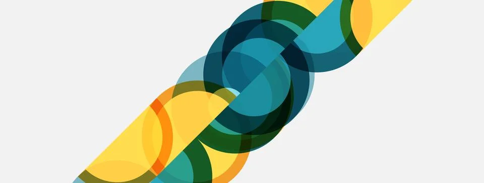Abstract circles overlap, creating dynamic visual pattern. Yellow, teal, gree Illustrazione stock