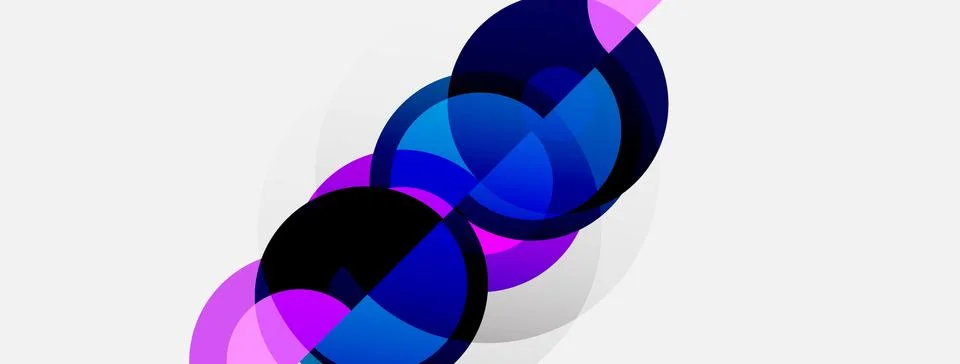 Abstract circles overlap, creating dynamic purple, blue shapes. White backg.. Stock Illustration