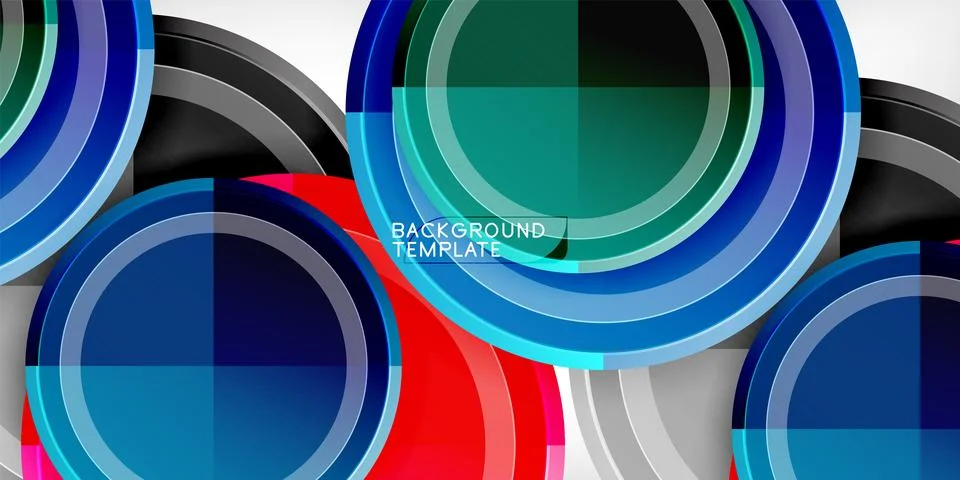 Abstract circles overlap creating layered geometric pattern. Vibrant blue, red, Illustrazione stock