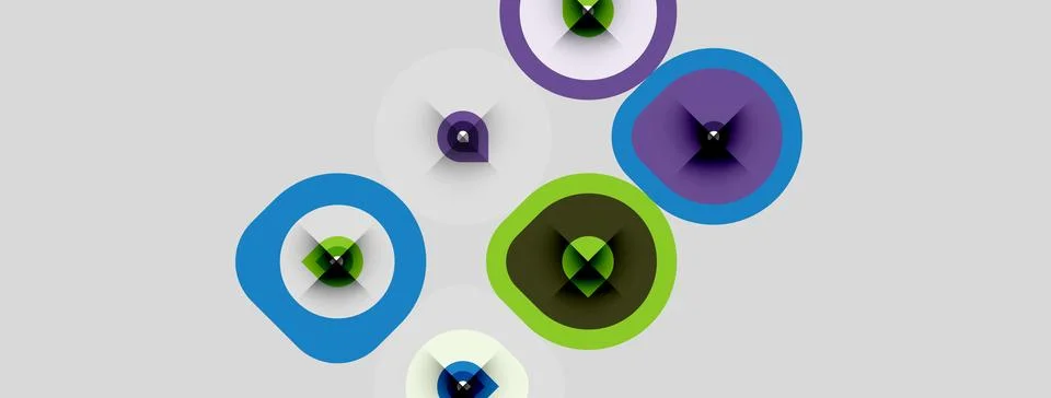 Abstract circles overlap, creating layered visual effect. Colors include blue Stock Illustration