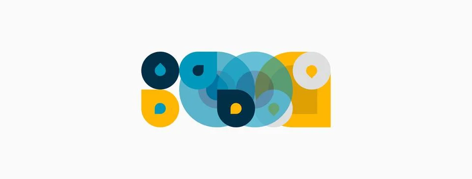 Abstract circles overlap, creating layered shapes. Yellow, teal, navy hues Stock Illustration