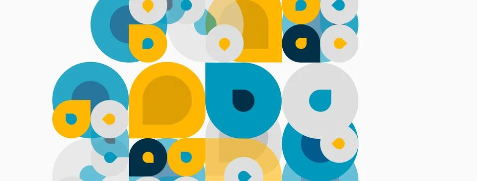 Abstract circles overlap, creating playful pattern. Yellows, blues, whites Stock Illustration