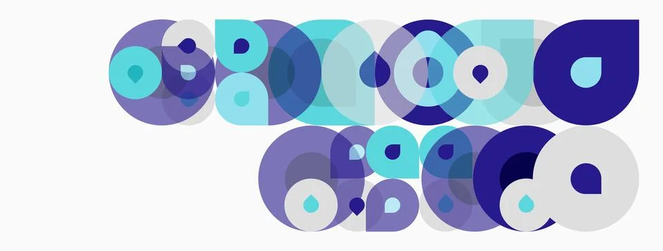 Abstract circles overlap, creating playful composition. Blue, purple hues Stock Illustration