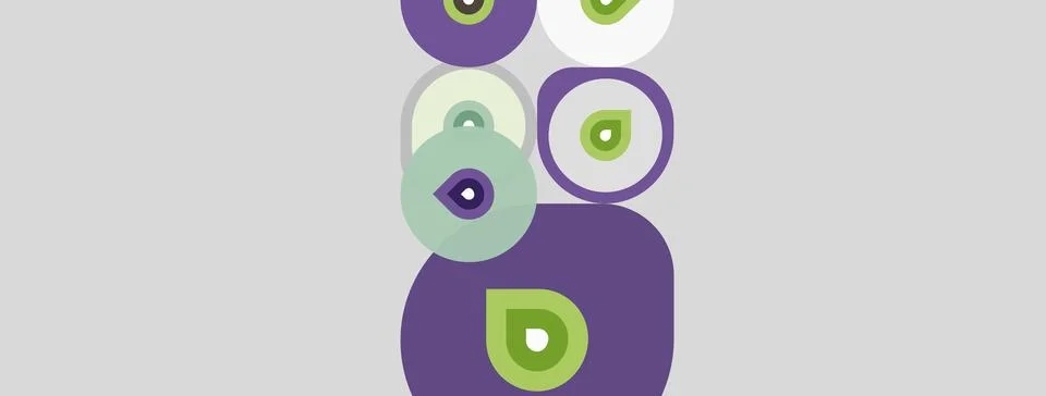 Abstract circles overlap, creating playful composition. Purple, green hues Stock Illustration