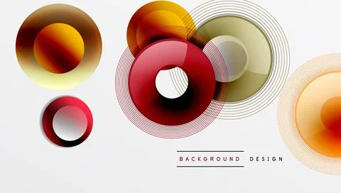 Abstract circles overlap, creating vibrant color gradients. Lines radiate from Illustrazione stock