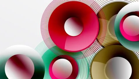 Abstract circles overlap, creating vibrant visual effect. Red, green, brown hues Stock Illustration