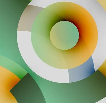 Abstract circles overlap, creating vibrant color gradients. Soft hues blend, Stock-Illustration