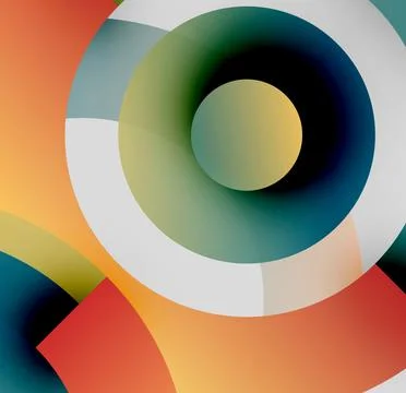 Abstract circles overlap, creating vibrant color gradients. Warm tones blend Stock-Illustration