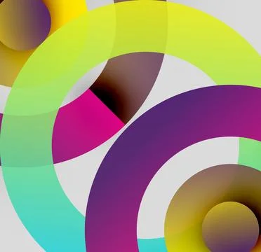 Abstract circles overlap, creating vibrant color patterns. Bright hues blend Stock Illustration