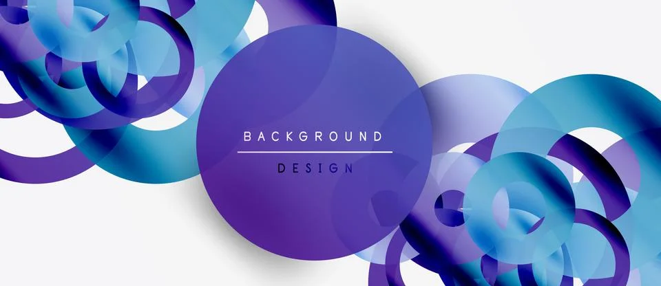 Abstract circles overlap, creating vibrant blue, purple gradients. White space Stock Illustration