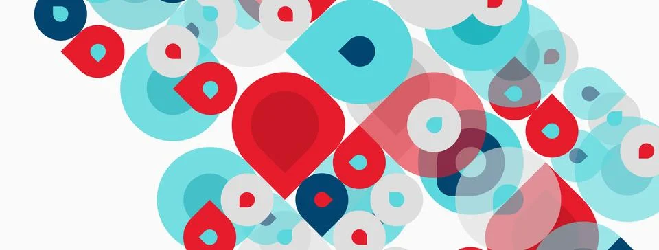 Abstract circles overlap, creating vibrant red, blue, gray patterns. Minimali Illustrazione stock