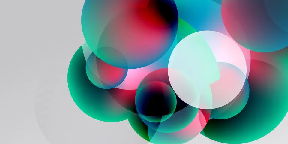 Abstract circles overlap, creating vibrant color blends. Soft gradients, dark Stock Illustration